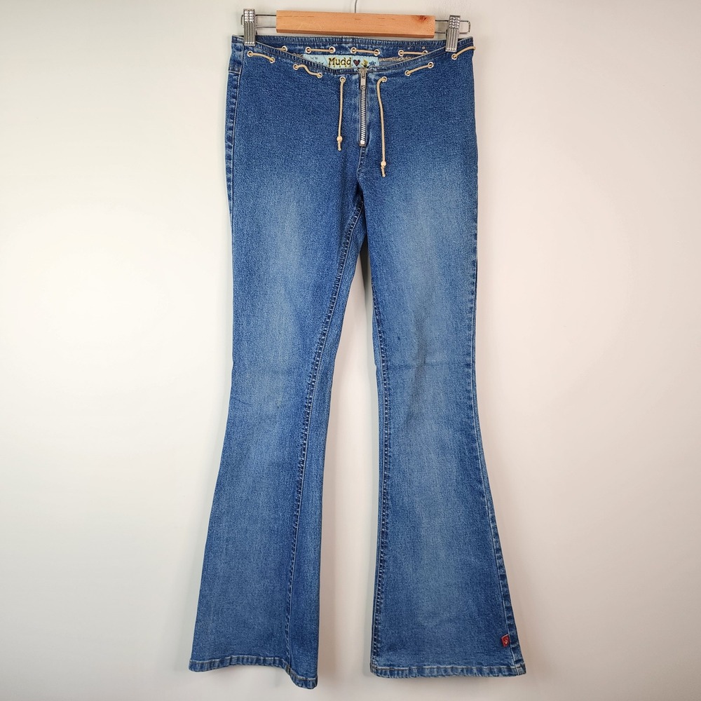 Mudd Low Rise VTG Y2K Flare Jeans Junior's 1 Blue Grommet Lace Up Denim